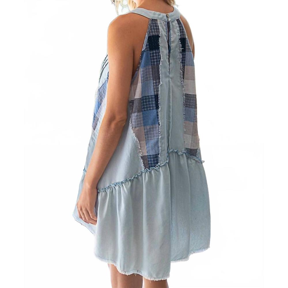 NEW POL patchwork halter neck mini dress in blue - Picture 3 of 3
